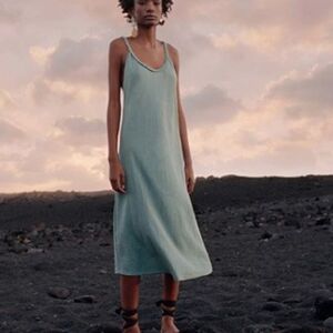 Zara Braided Strap Slip Midi Dress Lightweight Sleeveless Teal Size Large L